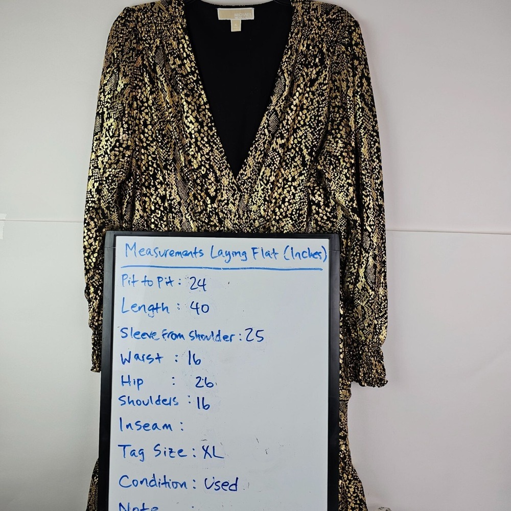 Michael Kors Julia Dress Foil Gold Black Snakeskin Print Ruffle LS XL Metallic - Picture 4 of 11